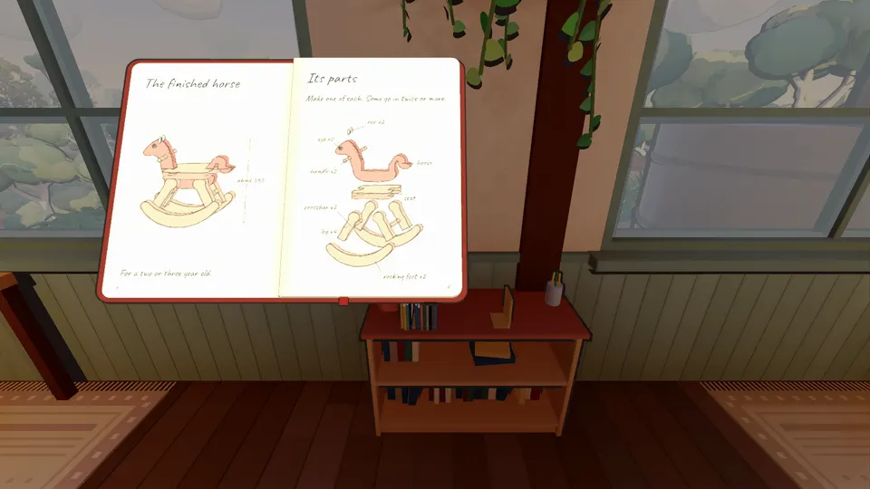 A design journal open at the rocking horse