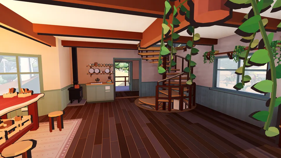 The kitchen and spiral stairs inside the house